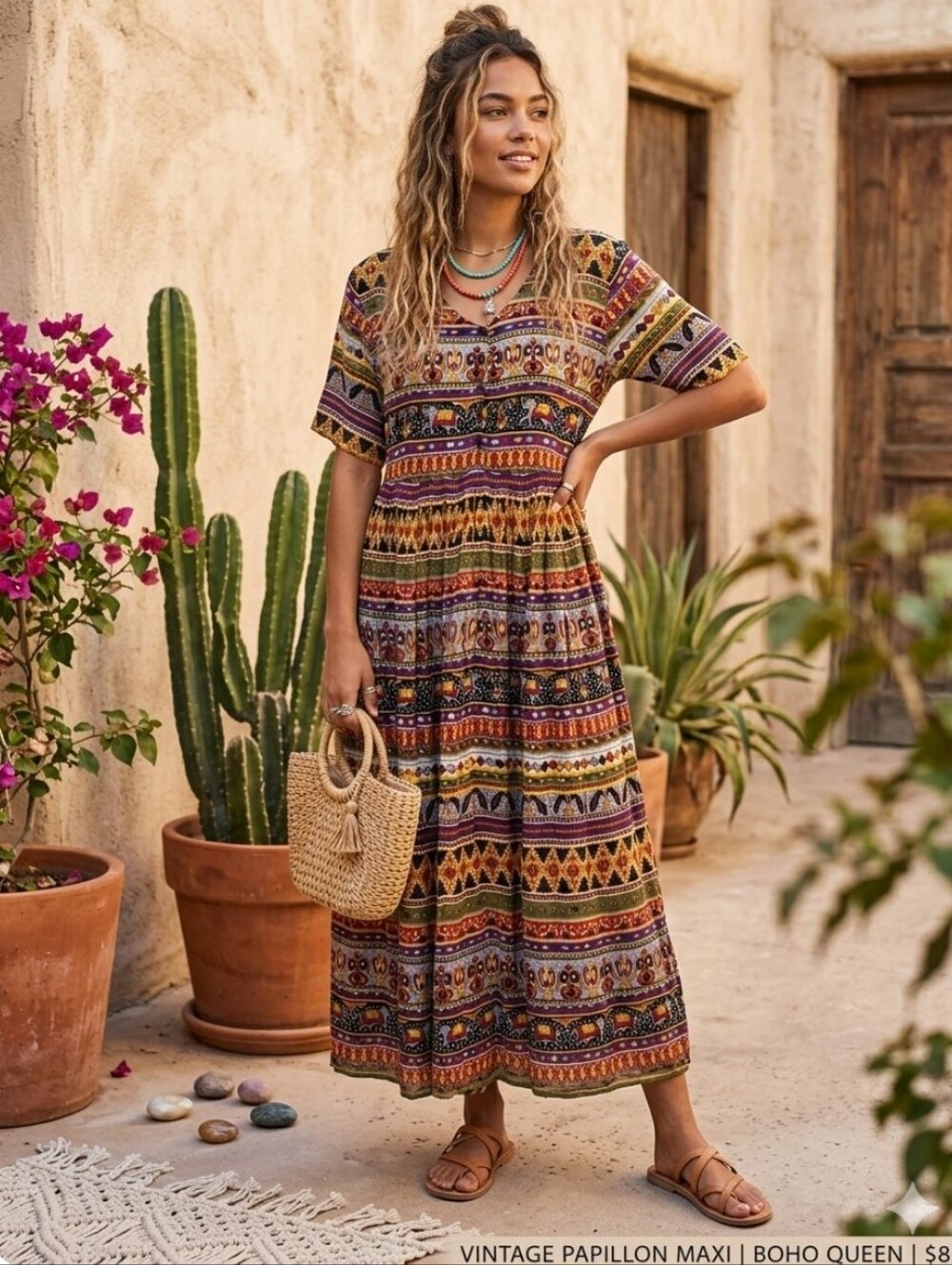 Papillon Maxi Dress, Size S, Multi-Color Earrhtones, Short Sleeves, Cotton